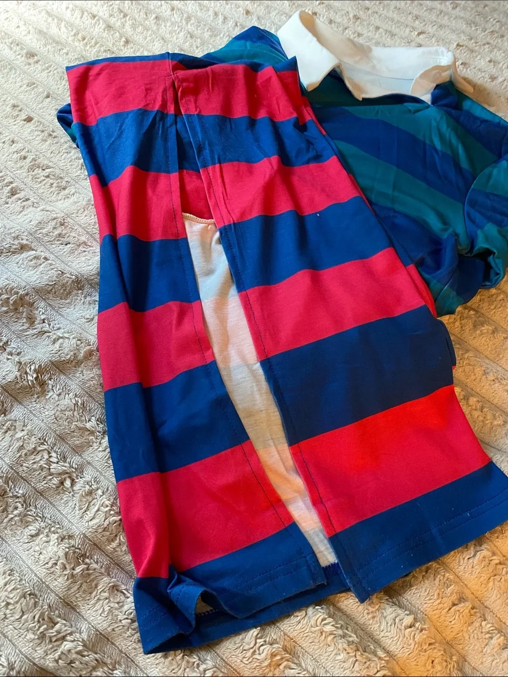 NWOT, Striped Polo Shirt White Asymmetrical Collar Blue/Teal and Red/Blue Skirt